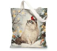 Christmas Ragdoll Cats Canvas Tote Bag for Shopping 13 * 15, Xmas Cardinal Snowy Reusable Grocery Shoulder Cloth Bag for Women, Pet Painting Gift Decoration
