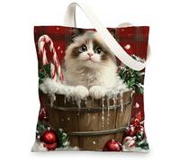 Christmas Ragdoll Cats Canvas Tote Bag for Shopping 13 * 15, Xmas Farmhouse Plaid Reusable Grocery Shoulder Cloth Bag for Women, Pet Painting Gift Decoration