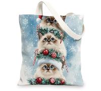 Christmas Ragdoll Cats Canvas Tote Bag for Shopping 13 * 15, Xmas Fun Watercolor Reusable Grocery Bag for Women, Pet Travel Painting Gift Decoration