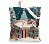 Christmas Ragdoll Cats Canvas Tote Bag for Shopping 13 * 15, Xmas Novelty Forest Reusable Grocery Bag for Women, Pet Work Travel Pattern Gift Decor