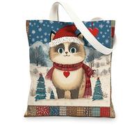 Christmas Ragdoll Cats Canvas Tote Bag for Shopping 13 * 15, Xmas Patchwork Reusable Grocery Bag for Women, Pet Travel Pattern Gift Decoration