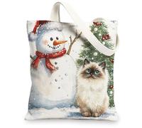 Christmas Ragdoll Cats Canvas Tote Bag for Shopping 13 * 15, Xmas Snowmen Tree Reusable Grocery Shoulder Bag for Women, Pet Painting Gift Decor