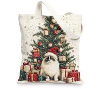 Christmas Ragdoll Cats Canvas Tote Bag for Shopping 13 * 15, Xmas Tree Gifts Reusable Grocery Bag for Women, Pet Work Travel Pattern Gift Decor