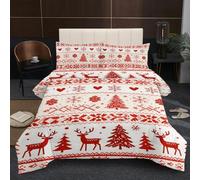 Christmas Red and White Pattern,Reindeer,Scandinavian Style,Snowflakes,Christmas Tree,Double Size Duvet Set-3 Pieces, Soft and Comfortable, Machine Washable Duvet Coverless, with 2 Pillowcases