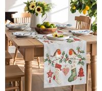 Christmas Red Berry Holly Bird Table Runner 120 Inches Long, Hanging Stocking Snow on Gray Washable Table Runners Heat-Insulation Kitchen Dining Table Decorations for Home Party Decor 13x120in