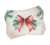 Christmas Red Bow Placemats Set of 4, Festive Greenery Cloth Place mats for Holiday Dining Table, Washable Indoor Outdoor Xmas Decorative Placemats 18x12 Inch