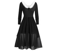 Christmas Red Cocktail Dress for Women Christmas Time Frock with Faux Collar Deep v Neck Ruffle Long Dresses Xmas Long Noel Vintage A Line Gown Long Sleeve Soft A Line Cocktail Dresses