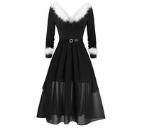 Christmas Red Cocktail Dress for Women Christmas Time Frock with Faux Collar Deep v Neck Ruffle Long Dresses Xmas Long Noel Vintage A Line Gown Long Sleeve Soft A Line Cocktail Dresses