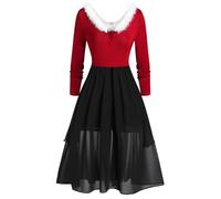 Christmas Red Cocktail Dress for Women Christmas Time Frock with Faux Collar Deep v Neck Ruffle Long Dresses Xmas Long Noel Vintage A Line Gown Long Sleeve Soft A Line Cocktail Dresses