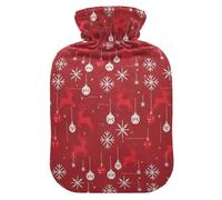Christmas Red Cross - Stitch Reindeer Snowflakes Baubles Hot-Water Bottle with Soft Cover, 1L Hot Water Bags for Menstrual Cramps
