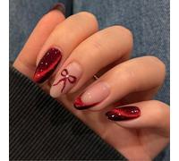 Christmas Red Glitter Press On Nails - 24PCS Almond Shaped Burgundy Acrylic False Nails with 3D Red Bow Design - Reusable Holiday Stick On with Accessory Tools for Winter Party Decoration