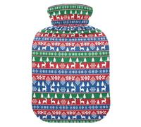 Christmas Red Green Blue Deer Tree Snowflake Hot Waterbottle with Soft Cover, 1L Hot Compress Bag for Neck Shoulder Warmer