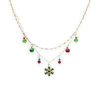 Christmas Red Green Jingle Bells Necklace Gold Plated Layered Enamel Colorful Bow Flower Snowflake Tinkle Bell Crystal Chic Charm Chain Necklace for Women Xmas Winter Holiday Party Jewelry Present, M