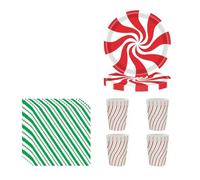 Christmas Red Green Lollipop Tableware Set - 20 Paper Napkins, 16 Cups, 16 Plates - Disposable Dinnerware Decor for Adults, Kids Xmas Party Favor