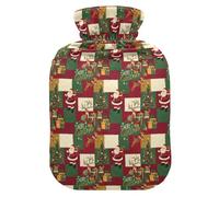 Christmas Red Green White Santa Reindeer Hot Waterbottle with Soft Cover, 1L Hotwater Bag for Neck and Shoulder Pain Relief