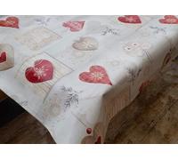 Christmas Red Hearts Patchwork PVC Table cloth Wooden Hearts Natural Brown White Snowflakes PVC Plastic Oil Vinyl Wipe Clean Party Table Cloth Protector (100cm x 140cm Rectangle 39" x 54" inches)