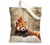 Christmas Red Pandas Canvas Tote Bag for Shopping 13 * 15, Xmas Cardinal Snowy Reusable Grocery Shoulder Cloth Bag for Women, Animal Painting Gift Decor