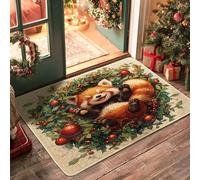 Christmas Red Pandas Front Black Door Mat Outside Inside Entrance 29 * 17, Fun Xmas Hollies Outdoor Indoor Ultra Thin Doormat, Small Animal Classroom Patio Home Shoes Off Doormat