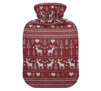 Christmas Red White Knit Deer Trees Hot Water Bottle with Soft Cover, 1L Water Bags for Pain Relief