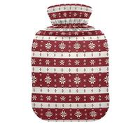 Christmas Red White Knit Snowflakes Water Bottle for Hot Water with Soft Cover, 1L Hot Water Bags for Tummy Warmer