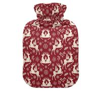 Christmas Red White Reindeer Gifts Snowflakes Hot Bottle Water Bag with Soft Cover, 1L Water Bags for Hand Feet Warmer