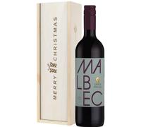 Christmas Red Wine Malbec Gift With Happy Christmas Printed on the Wooden Box - Festive Red Wine Gift for Friends and Family