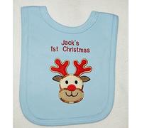 Christmas Reindeer Applique Personalise Bib. (Baby Blue)