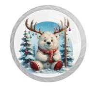 Christmas Reindeer Bear 4 PCS Cabinet Knobs, Round Crystal Glass Decoration ABS Material Kitchen Hardware, Furniture Drawer Knobs Cupboard Single Hole Pull Handles