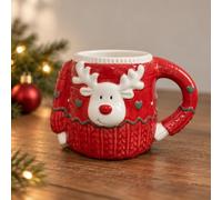 Christmas Reindeer Ceramic Mug, 3D Festive Sweater Design Tea Coffee Cup | Red, Green Mug 340ml Capacity Dishwasher And Microwave Safe Holiday Gift