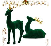 Christmas Reindeer Decorations - Resin 4.72 X 1.57 X 8.07 Inches | Flocked Deer Sculpture, 2 Pieces Standing Sitting Sculptures Elk Aesthetic Green Red | Party Bedside Table Shelf On Place Of