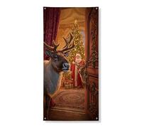 Christmas Reindeer Door Cover Banner Decorative, Festive Santa Scene Indoor Outdoor Holiday Decor, Winter Seasonal Celebration Backdrop 36x72 Inch