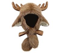 Christmas Reindeer Ear Muff Hat Faux Fur Antler Beanie Hat Soft Plush Winter Warm Trapper Cap with Ear Flaps Cute Animal Cosplay Party Cap for Women, Men, Festive Xmas Party Costume Accessory