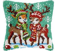 Christmas Reindeer Latch Hook Kits for Adults Kids, Beginners Animals Latch Hook Pillow Kit Pre-Printed Hook and Latch Rug Kit Cross-Stitch Embroidery Cushion for Home Sofa Decoration 17x17 in.