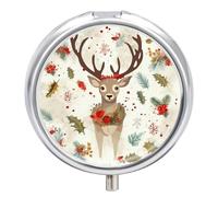 Christmas Reindeer Pill Box Cute Round Pill Case Portable Medicine Tablet Vitamin Holder Organizer for Purse Pocket