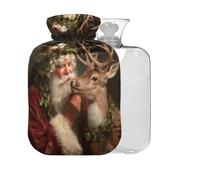 Christmas Reindeer Santa Black Print Hot Water Bottle with Cover 2L Large Warm Water Bag for Bed Hand & Feet Pain Relief