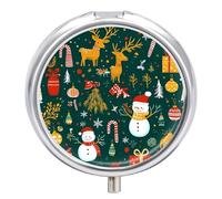Christmas Reindeer Snowman Gift Round Pill Box Organiser 3 Compartment Portable Medicine Case