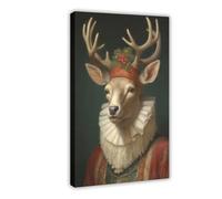Christmas Reindeer Vintage Portrait, Renaissance Animal Painting, Festive Wall Art, Animal Head Human Body-1