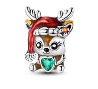 Christmas Reindeer with Santa Hat Heart Charm 925 Sterling Silver Pendant Charm Compatible with Pandora Charms,and Many Other UK Charm Bracelets