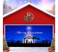 Christmas Religious Holy Nativity Garage Door Cover Jesus Night Manger Scene Lighted Blue Merry Christmas Backdrop Xmas Religious Party Decoration Outdoor Indoor Banner Cover 16X7FT
