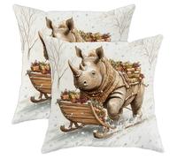 Christmas Rhino Throw Pillow Covers, Grey Rhino Sleigh Design, Winter Holiday Xmas Cushion Covers for Home Sofa Bedroom Living Room, Cozy Decorative Pillows 16x16 Inch