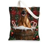 Christmas Rhodesian Ridgeback Canvas Tote Bag for Shopping 13 * 15, Xmas Farmhouse Plaid Reusable Grocery Shoulder Bag for Women, Dog Painting Gift Decoration