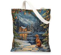 Christmas Rhodesian Ridgeback Canvas Tote Bag for Shopping 13 * 15, Xmas Snowy Scene Reusable Grocery Shoulder Cloth Bag for Women, Dog Painting Gift Decor