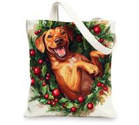 Christmas Rhodesian Ridgebacks Canvas Tote Bag for Shopping 13 * 15, Fun Xmas Hollies Reusable Grocery Shoulder Cloth Bag for Women, Dog Painting Gift Decor