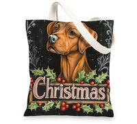 Christmas Rhodesian Ridgebacks Canvas Tote Bag for Shopping 13 * 15, Fun Xmas Hollies Reusable Grocery Shoulder Cloth Bag for Women, Dog Painting Gift Decoration