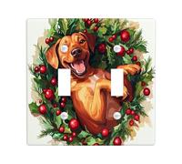 Christmas Rhodesian Ridgebacks Decorative Light Switch Cover Wall Plate 2 Gang Double Toggle, Fun Xmas Hollies Electrical Switchplate Dog Faceplate for Kitchen Living Room Decor