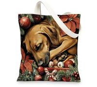 Christmas Rhodesian Ridgebacks Dog Canvas Tote Bag for Shopping 13 * 15, Vintage Xmas Pet Puppy Reusable Grocery Bag for Women, New Year Aesthetic Painting Gift Decor