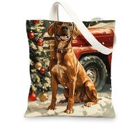 Christmas Rhodesian Ridgebacks Dog Canvas Tote Bag for Shopping 13x15, Winter Xmas Truck Puppy Reusable Grocery Print Pattern Bag for Women Men, New Year Aesthetic Painting Gift Decor