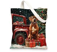 Christmas Rhodesian Ridgebacks Dog Canvas Tote Bag for Shopping 13x15, Winter Xmas Truck Puppy Reusable Grocery Print Pattern Bag for Women, New Year Beach Aesthetic Painting Gift Decor