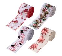 Christmas Ribbon - 4 Piece Fabric Ribbons, Wide Rustic Holiday Trim, Festive Snowman Designs, Maintains Shape for Bow Making, Seasonal Decorative Trimming for Home Decoration