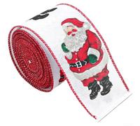 Christmas Ribbon 6.3cm x 2m Santa Pattern Linen Fabric Festive Bow Design | Linen material with rustic texture Multi-scene holiday decoration for trees wreaths or boxes Classic seasonal motif